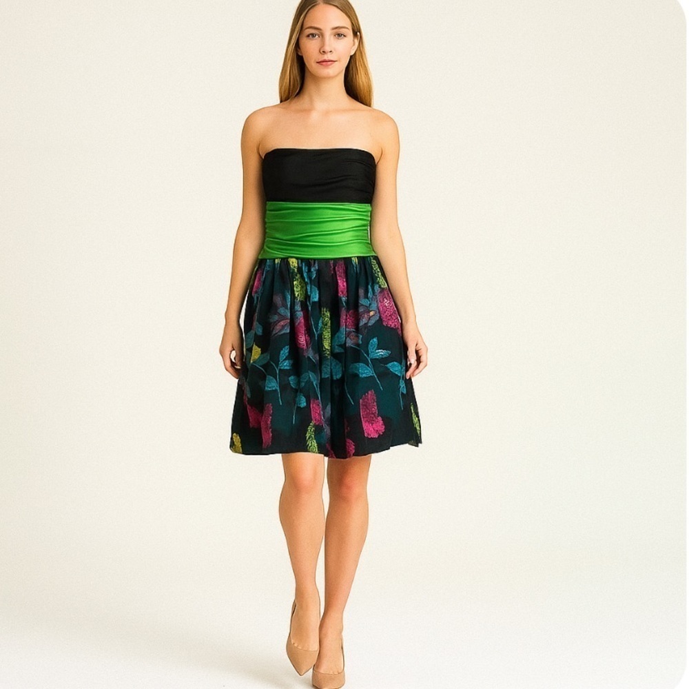 Vintage Lillie Rubin Strapless Green Tulle Floral Flare Dress size XS